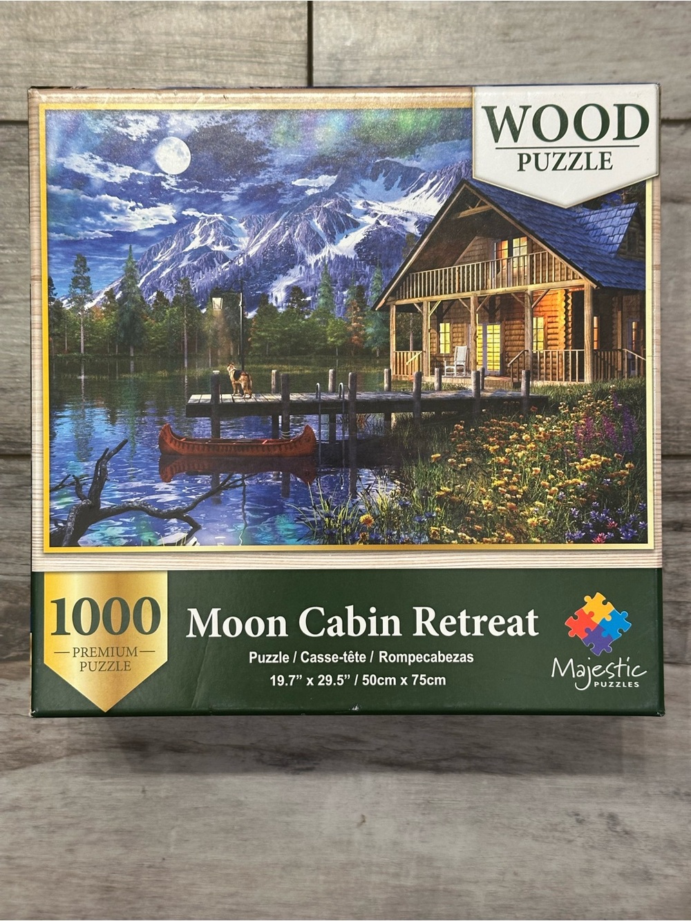 Majestic Moon Cabin Retreat Wood Puzzle - Blue/Green/Brown